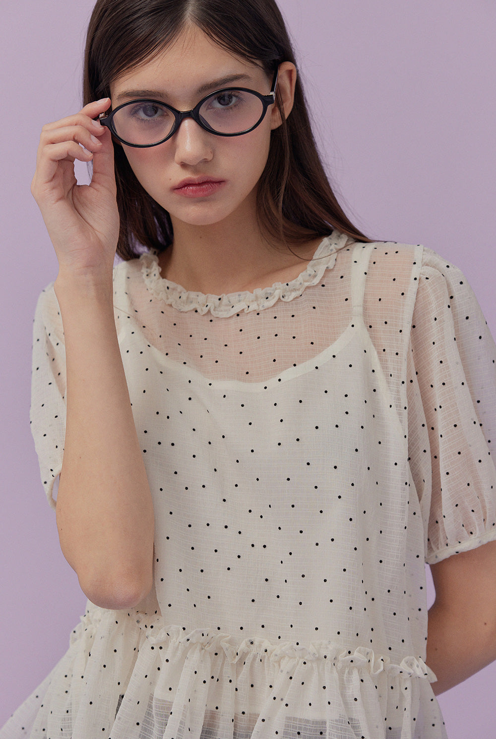 [TWEE] Belle Dot Sheer Flare Sleeve Blouse