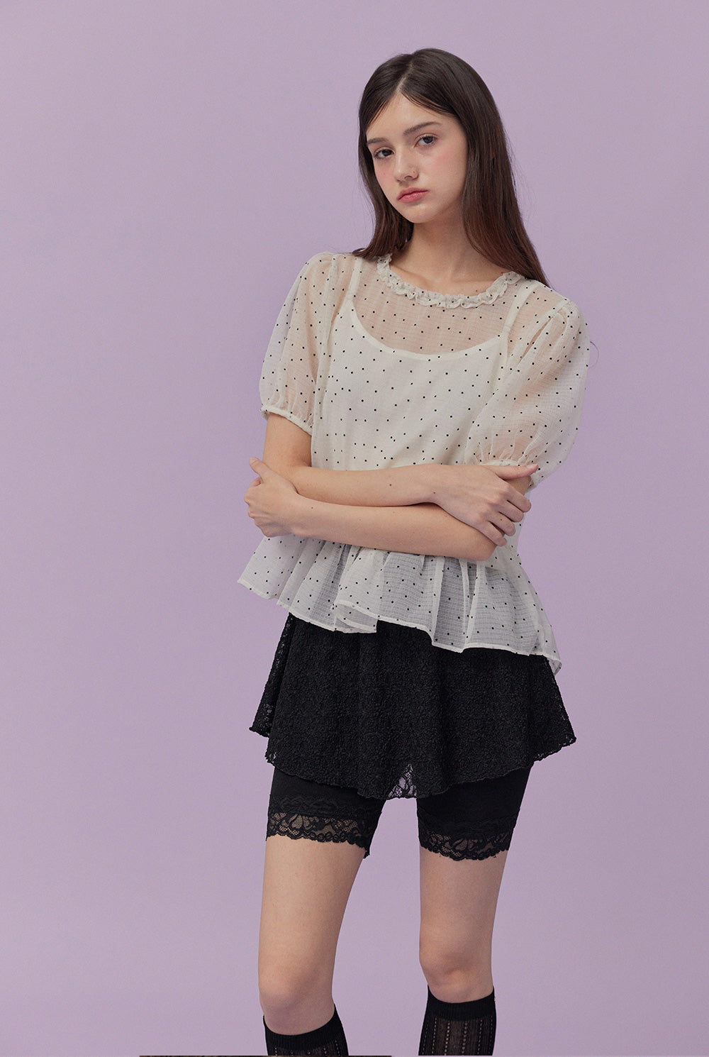 [TWEE] Belle Dot Sheer Flare Sleeve Blouse