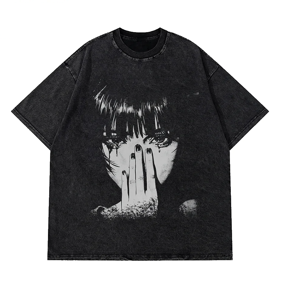 Hip Hop Washed Graphic T Shirt Men Streetwear Cotton Loose Fit