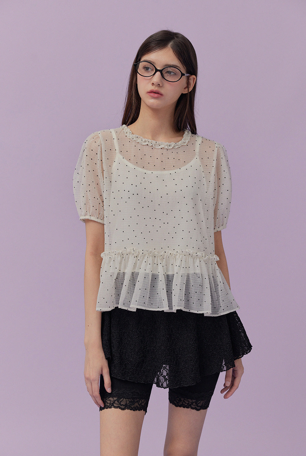 [TWEE] Belle Dot Sheer Flare Sleeve Blouse