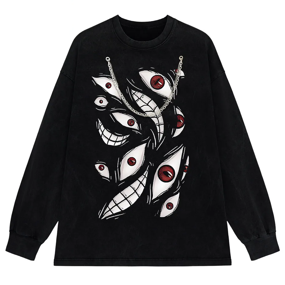 Harajuku Anime Eyes Graphic Washed T-Shirt Men Streetwear Cotton Tee