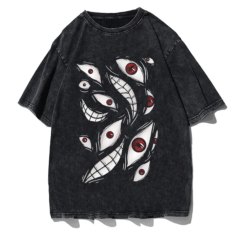 Harajuku Anime Eyes Graphic Washed T-Shirt Men Streetwear Cotton Tee