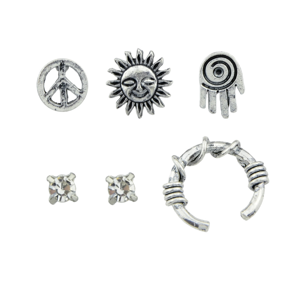 6 pcs Oxidized Intricate Antique Silver Sun Hand Vintage Stud Earrings Ear Cuff