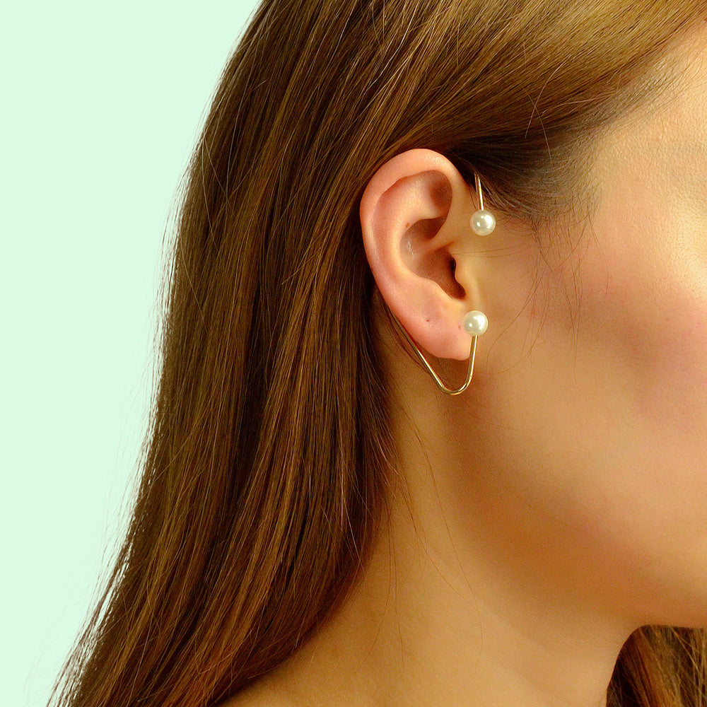 Designer Stylish Pearl Decor Long Gold Chain Charm Asymmetric Earrings Ear Cuff