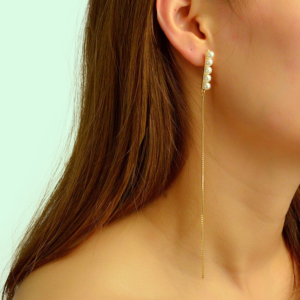 Designer Stylish Pearl Decor Long Gold Chain Charm Asymmetric Earrings Ear Cuff