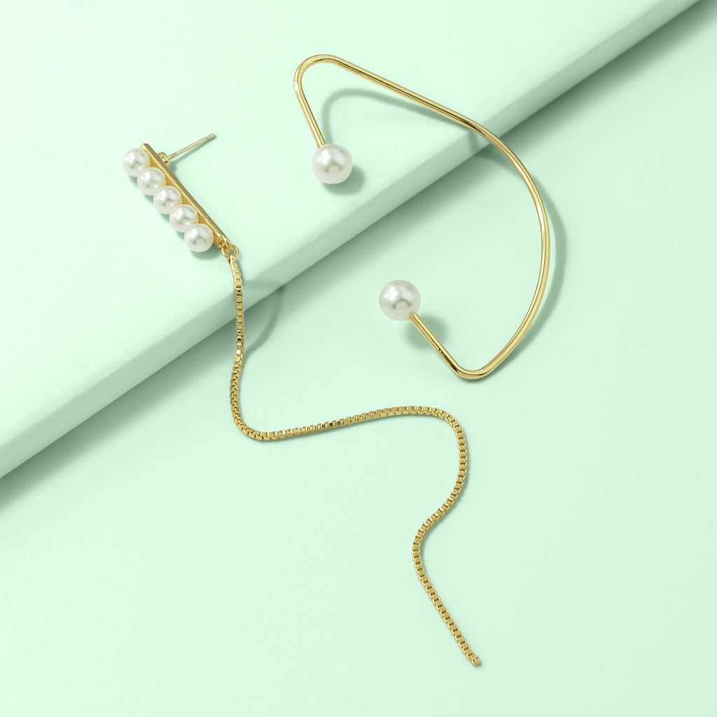Designer Stylish Pearl Decor Long Gold Chain Charm Asymmetric Earrings Ear Cuff