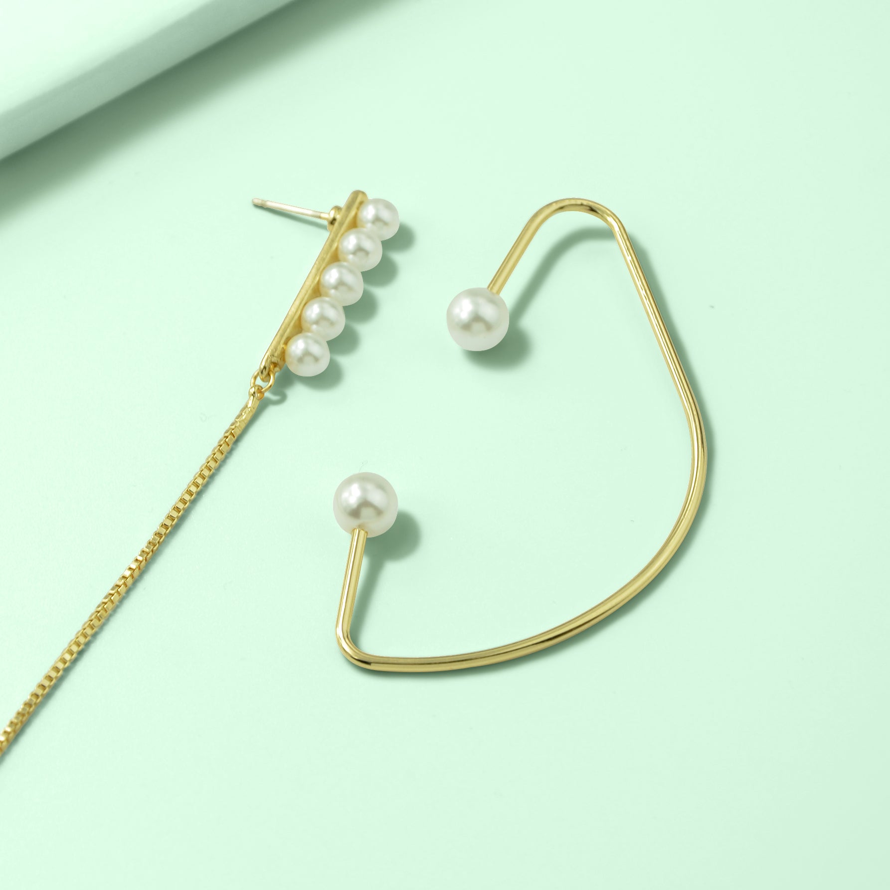 Designer Stylish Pearl Decor Long Gold Chain Charm Asymmetric Earrings Ear Cuff