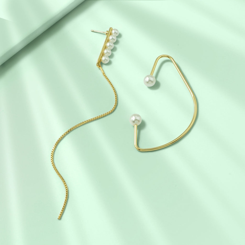 Designer Stylish Pearl Decor Long Gold Chain Charm Asymmetric Earrings Ear Cuff