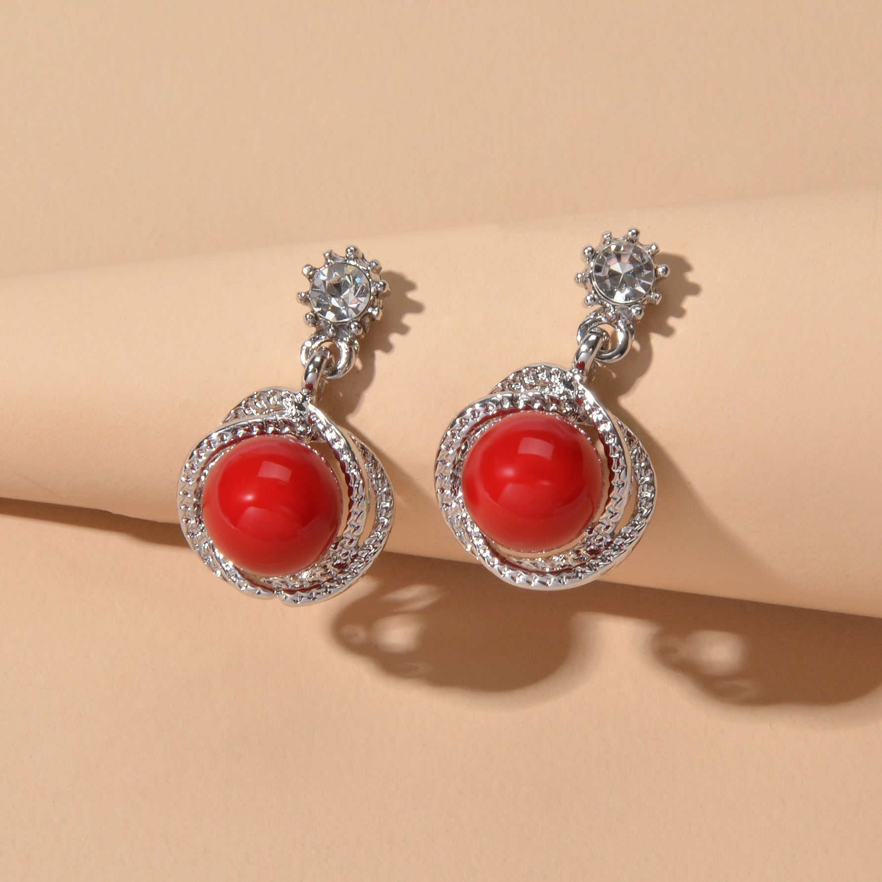 Red White Beads Rhinestone Decor Round Drop Party stud Earrings Women Retro Jewellery