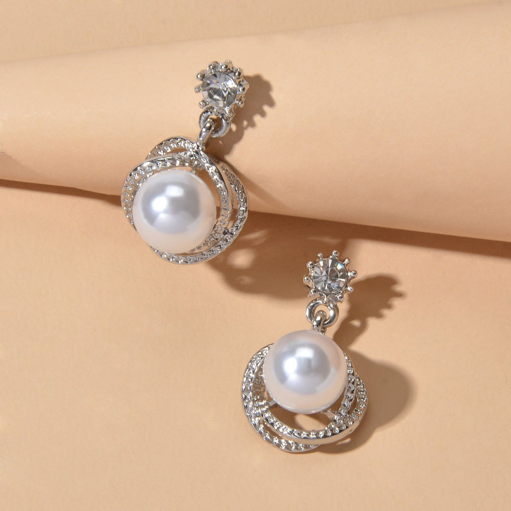 Red White Beads Rhinestone Decor Round Drop Party stud Earrings Women Retro Jewellery