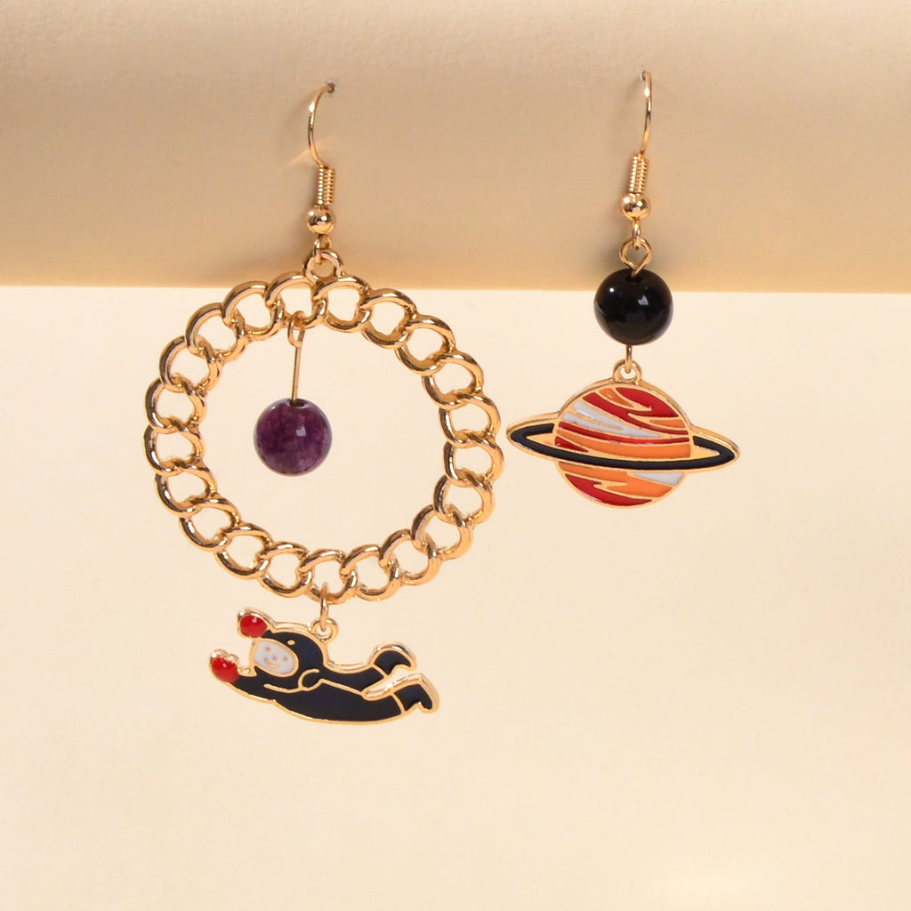 Funny Cute Outer Space Asymmetric Circle Bead Blue Red Planet Astronaut Earrings