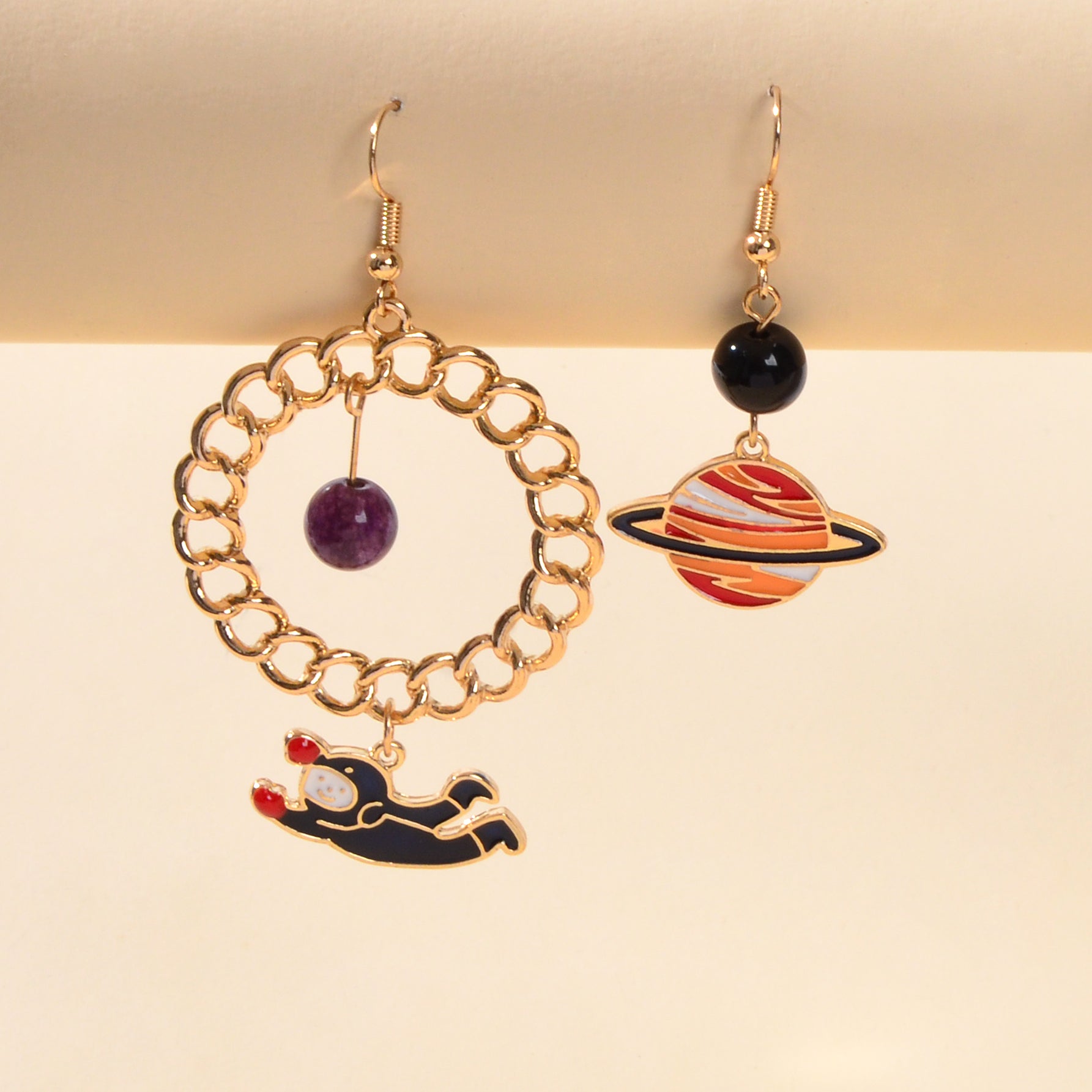 Funny Cute Outer Space Asymmetric Circle Bead Blue Red Planet Astronaut Earrings