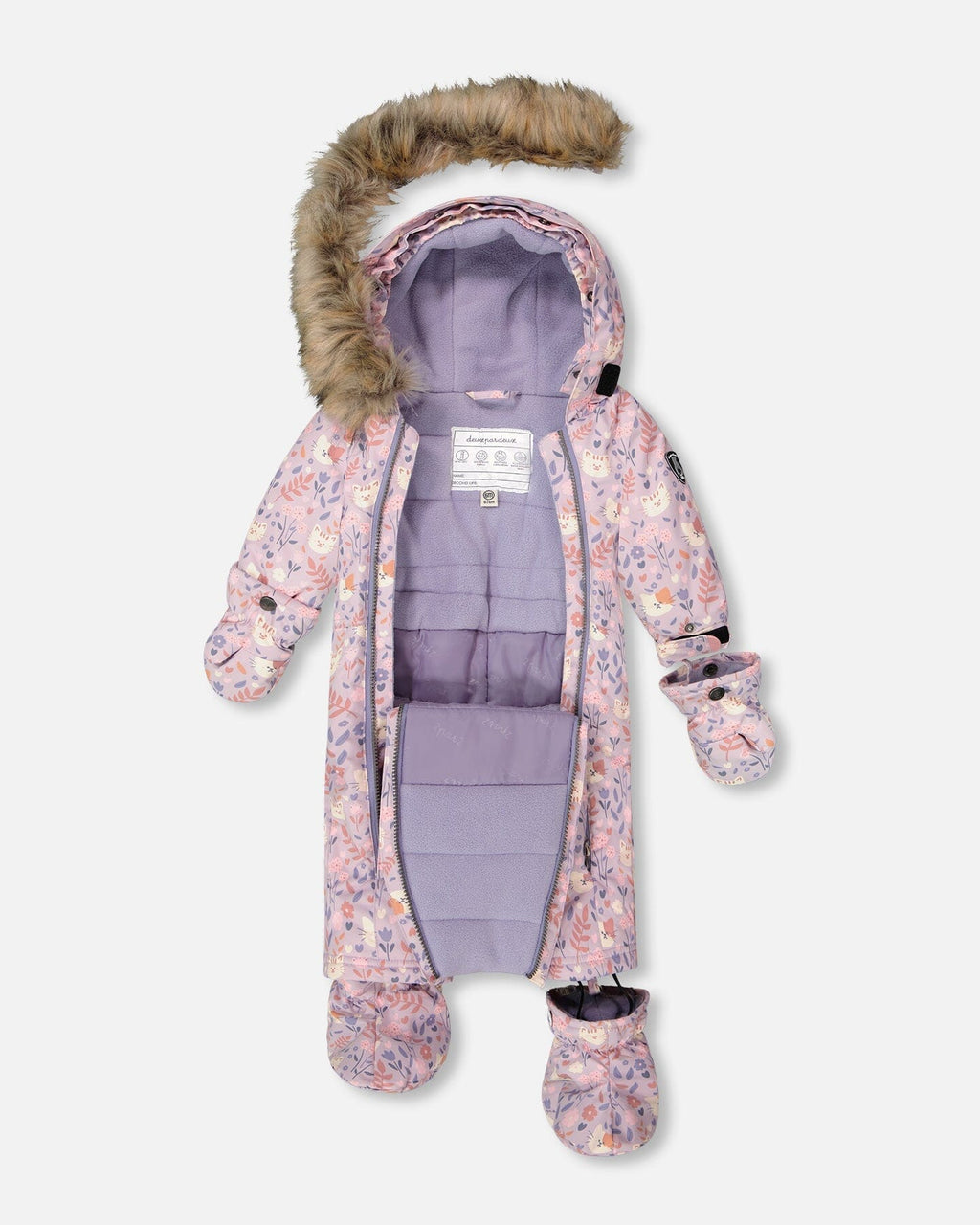 One-Piece Baby Play Snowsuit Designed For Car Seat Lilac Cat Print