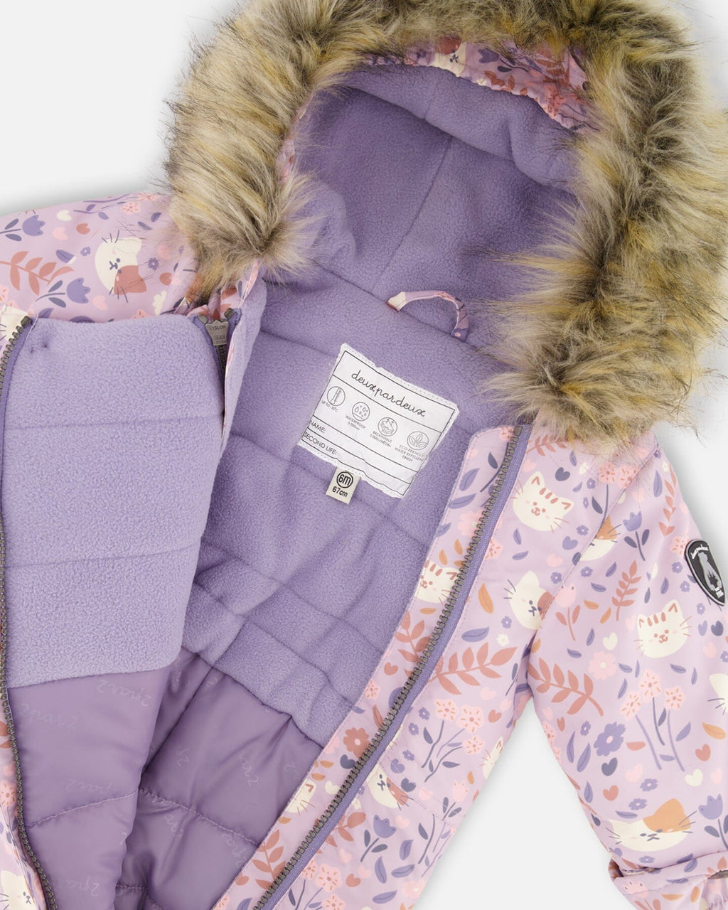 One-Piece Baby Play Snowsuit Designed For Car Seat Lilac Cat Print