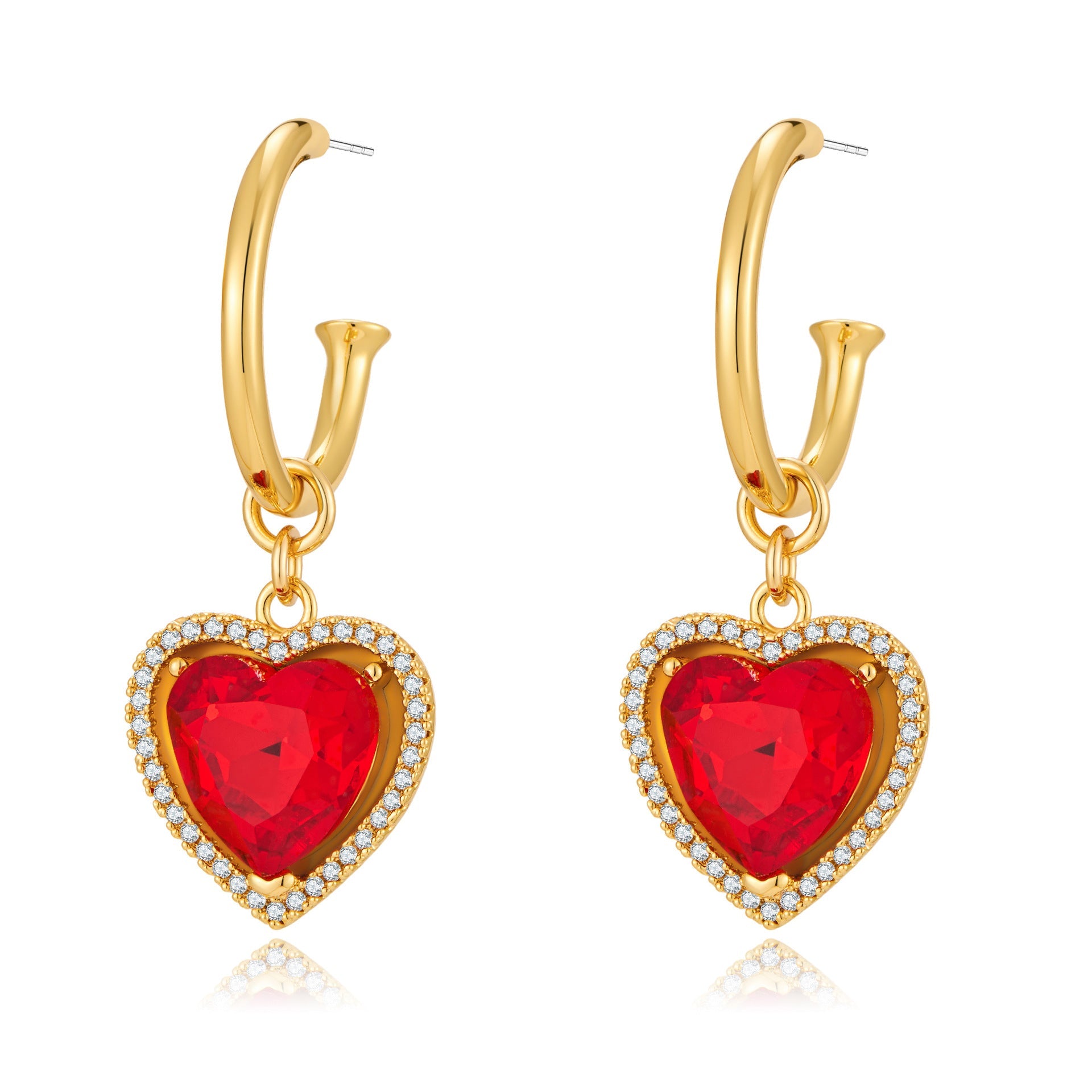 Light luxury retro red heart-shaped earrings, Herben-style noble lady's high-end and elegant ear rings, heart-shaped zircon earrings