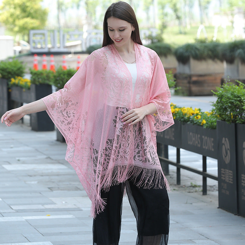 Lace fringed cardigan large shawl, sun protection shawl, women's evening dress cheongsam shawl, travel and vacation beach shawl