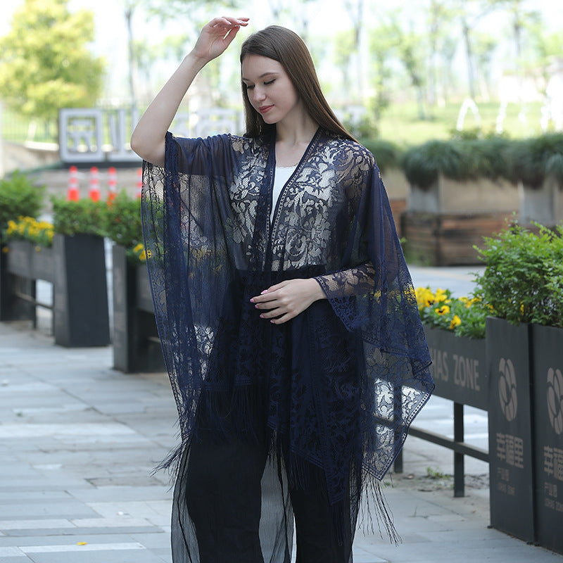 Lace fringed cardigan large shawl, sun protection shawl, women's evening dress cheongsam shawl, travel and vacation beach shawl