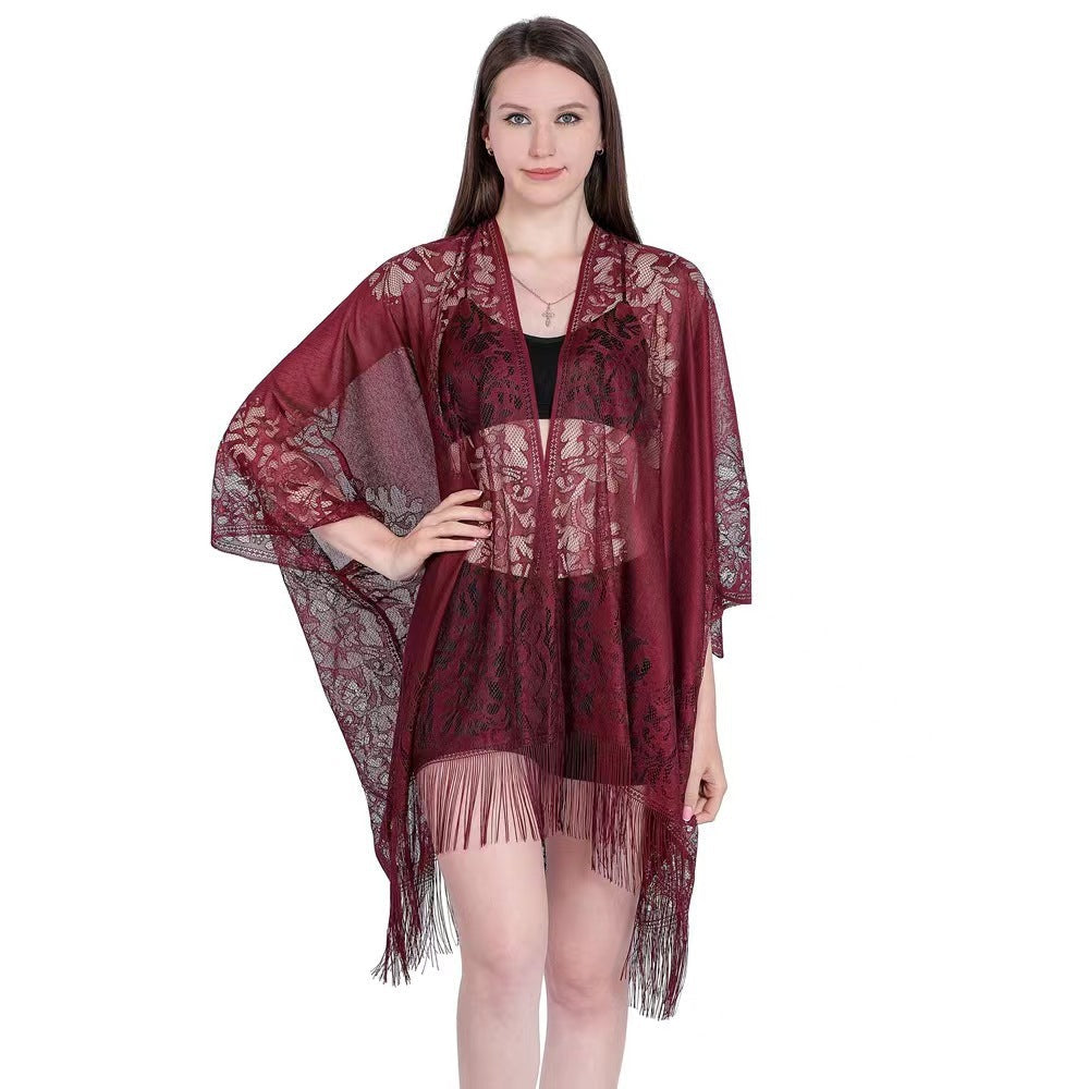Lace fringed cardigan large shawl, sun protection shawl, women's evening dress cheongsam shawl, travel and vacation beach shawl