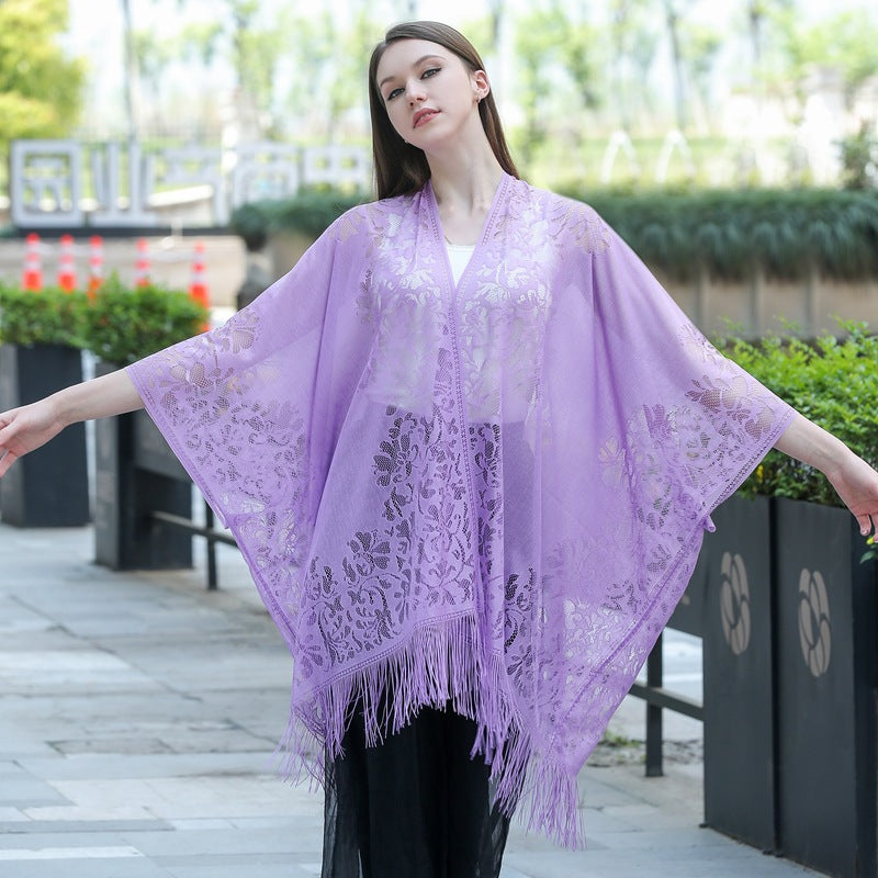 Lace fringed cardigan large shawl, sun protection shawl, women's evening dress cheongsam shawl, travel and vacation beach shawl