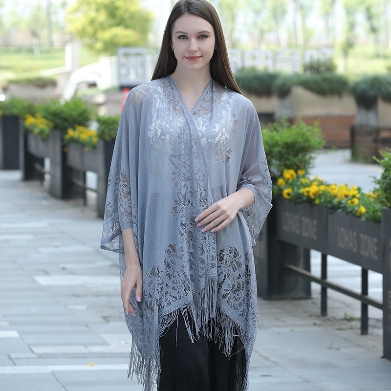 Lace fringed cardigan large shawl, sun protection shawl, women's evening dress cheongsam shawl, travel and vacation beach shawl