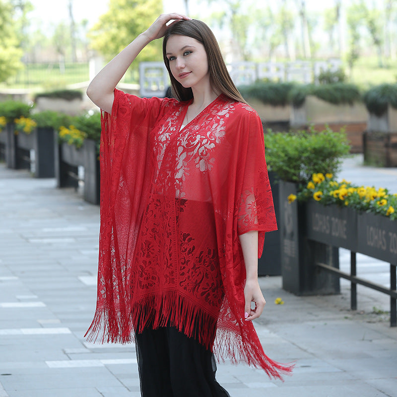 Lace fringed cardigan large shawl, sun protection shawl, women's evening dress cheongsam shawl, travel and vacation beach shawl