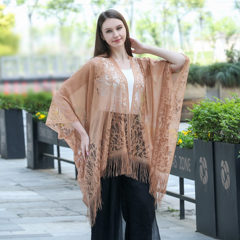 Lace fringed cardigan large shawl, sun protection shawl, women's evening dress cheongsam shawl, travel and vacation beach shawl