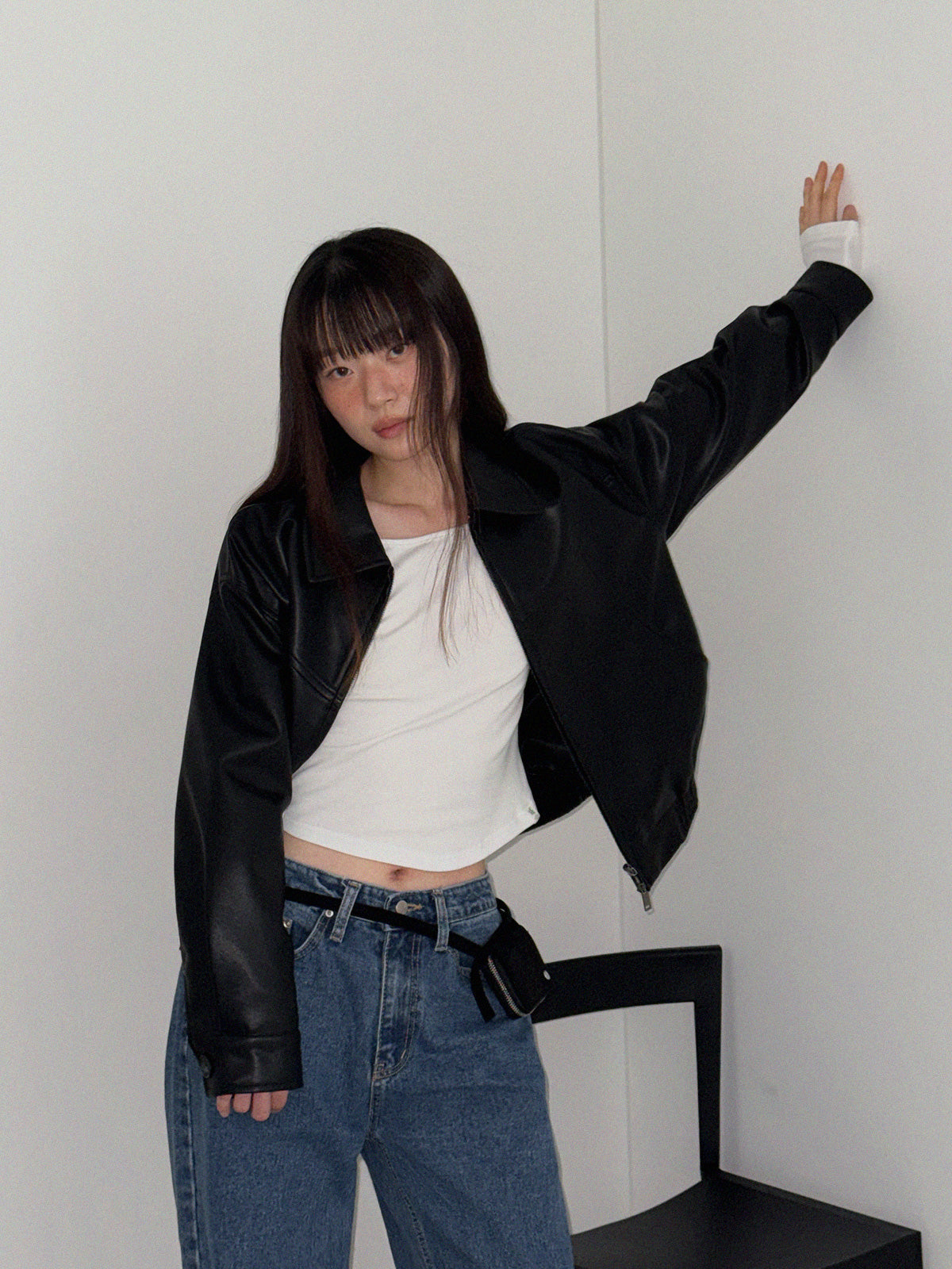 [TWEE] Loved Collar Blouson Jumper [Suede/ Leather]